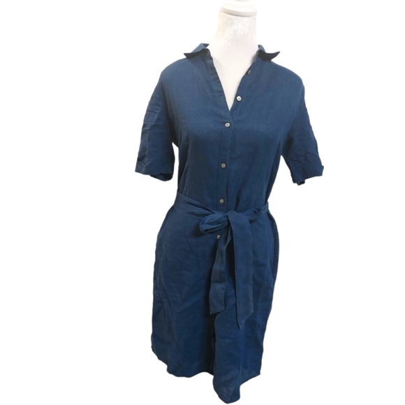 UNTUCKit her short sleeve navy 100% linen midi dress nancy button dress belt 2 - Picture 1 of 16